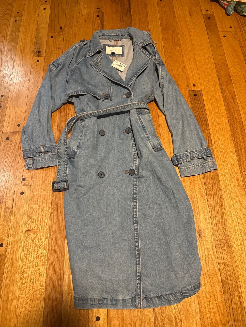 NEW American Eagle Women’s L Denim Trench Coat Long Belted Jean Jacket NWT